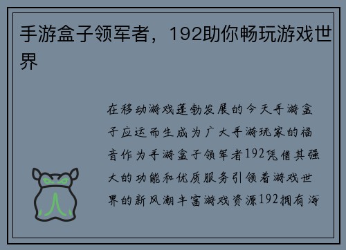 手游盒子领军者，192助你畅玩游戏世界